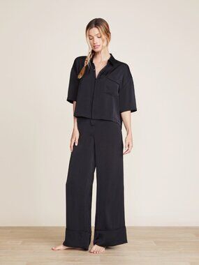BAREFOOT DREAMS Washed Satin Cropped Dream Shirt Women’s XS Black Satin NWT